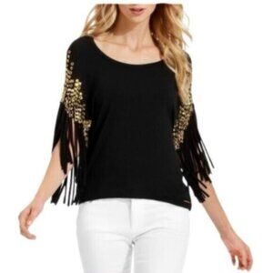 Michael Kors Black Fringe & Gold Stud Dressy Top XS